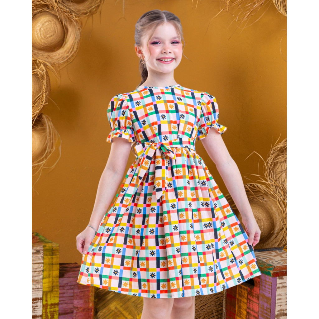 Vestido July Quadriculado Xadrez Infantil Juvenil Roupa Menina tam. 4, 6, 8, 10, 12, 14 Festa Junina