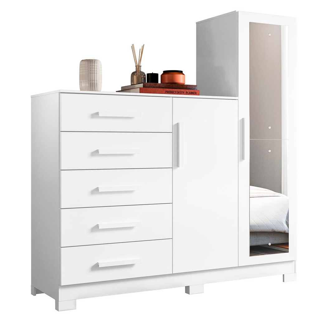 Guarda Roupa Cômoda com Espelho 158cm Suiça A02 Branco - Mpozenato em Oferta na Shopee