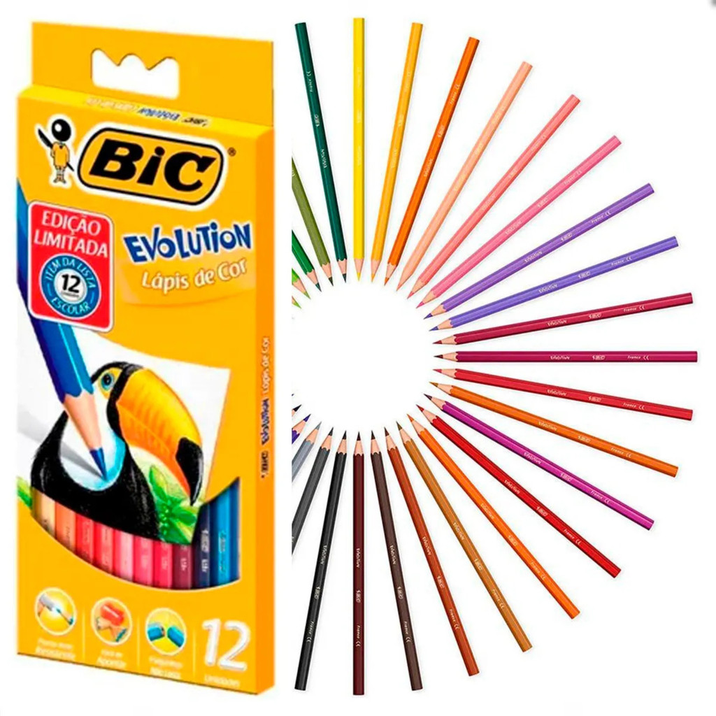 Lápis De Cor 12 Cores Evolution Bic Resistente E Colorido
