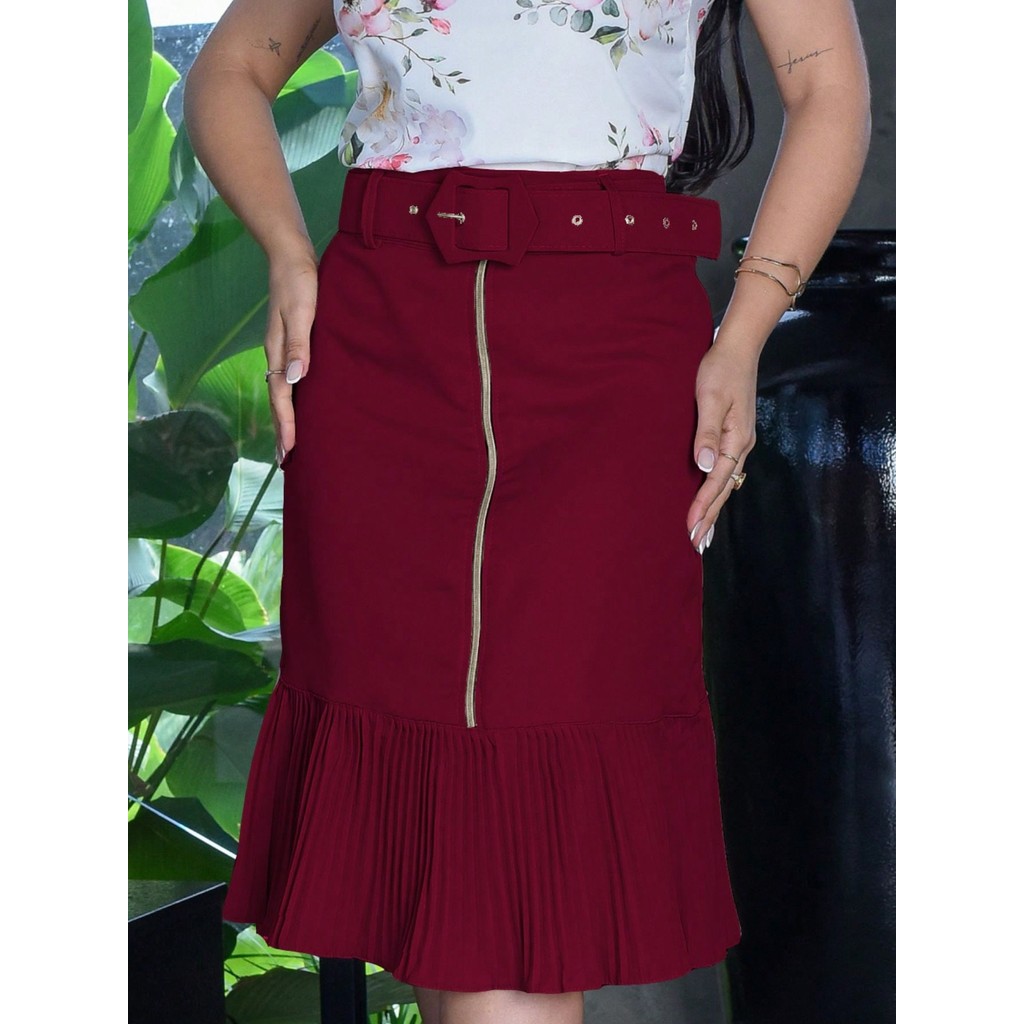 Saia Feminina Sereia Midi Plissada com Ziper Cinto Forrada Moda Evangelica Moderna Crista Modesta Executiva