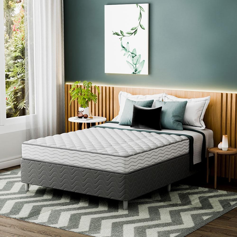 Cama Box com Colchão Casal Howie Espuma D45 (17x138x188) Branco e Cinza em Oferta na Shopee