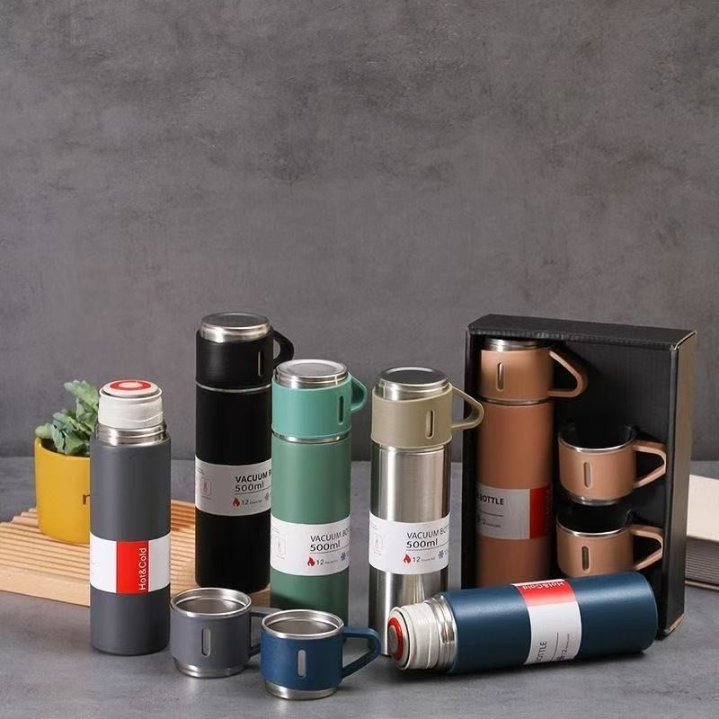 Kit Garrafa Térmica Vacuum Bottle Inox 500ml + 3 Xícaras Caneca Bebidas Fria Ou Quente