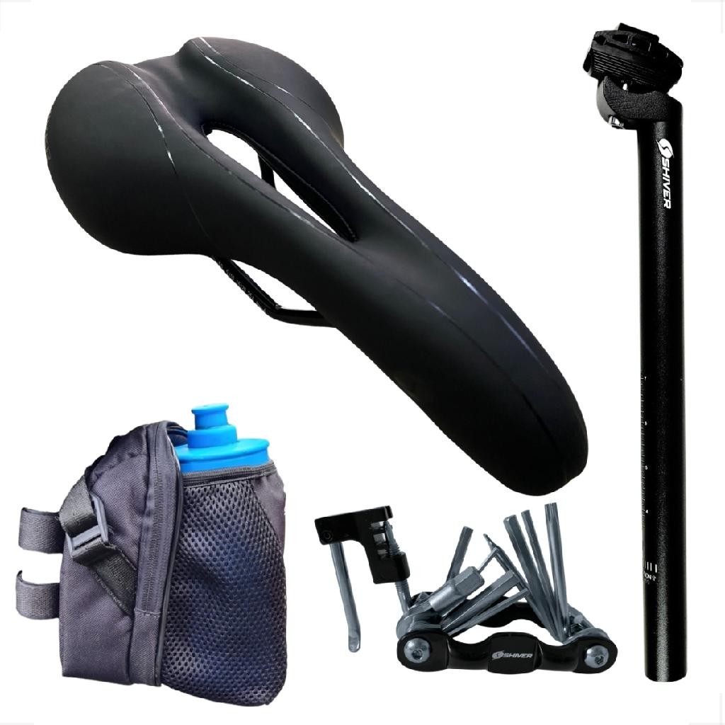 Kit Bike Selim Banco Assento Shiver ddk + Canote + Bolsa selim suporte garrafa + Canivete 10 funções