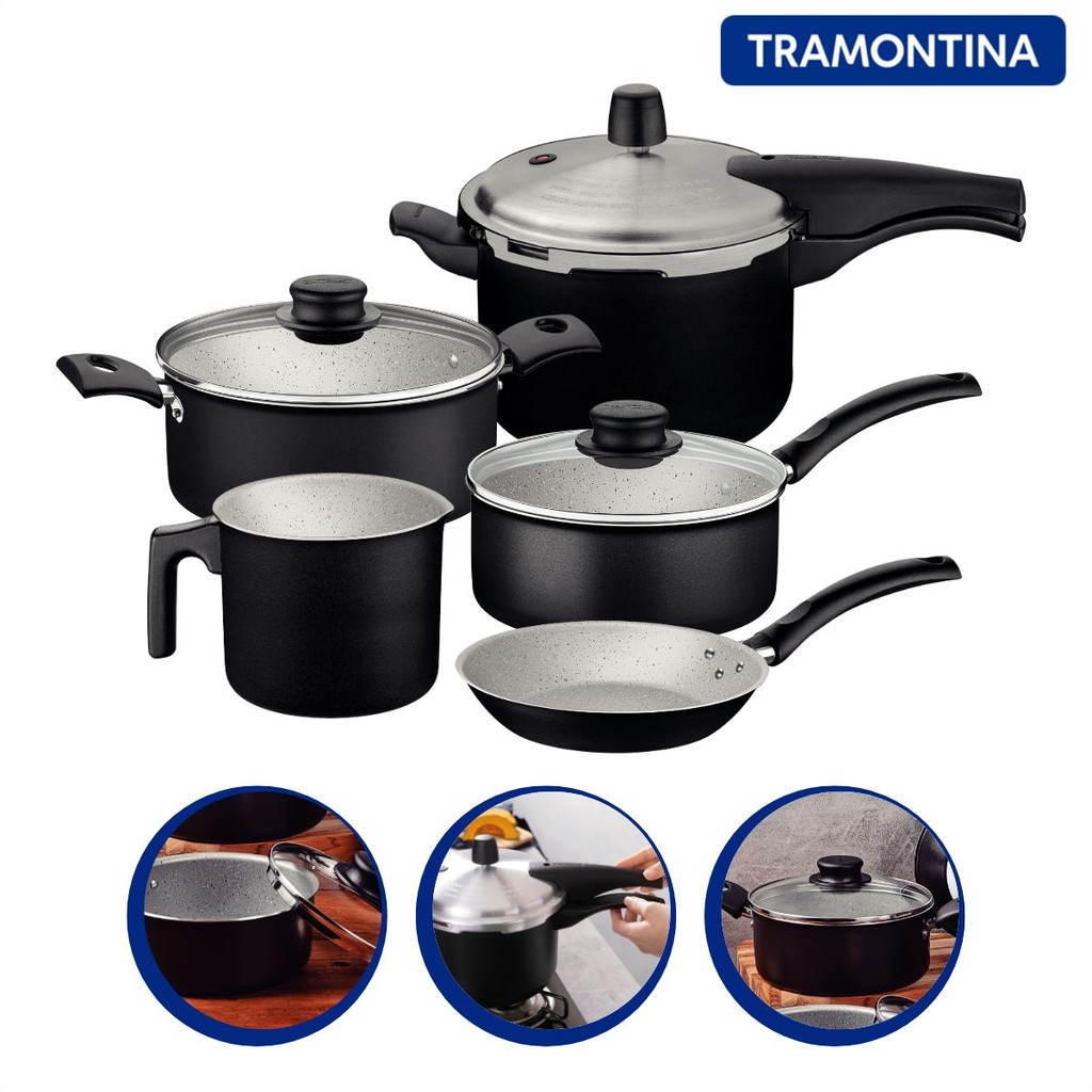 Jogo de Panelas 5 Peças Antiaderente com Frigideira e Panela de Pressão 4,5L Tramontina - Home & Living