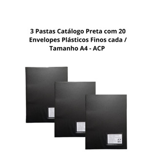 3 Pastas Catálogo Preta com 20 Envelopes Plásticos Finos cada /Tamanho A4 / ACP em Oferta na Shopee