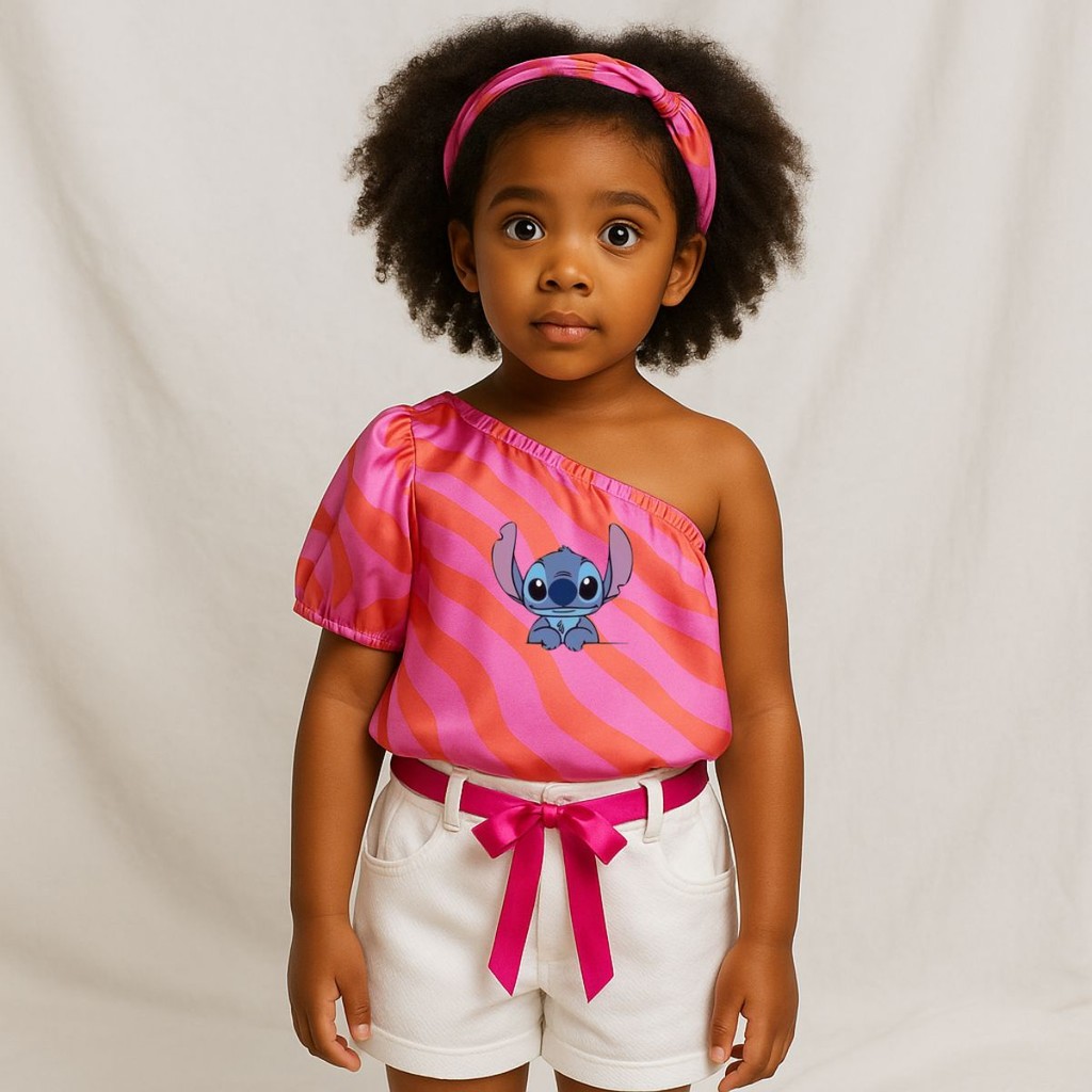 Kit Blusa Infantil de um Ombro só Retrô Com estampa do Stitch Faixa e Shorts Branco - Meio