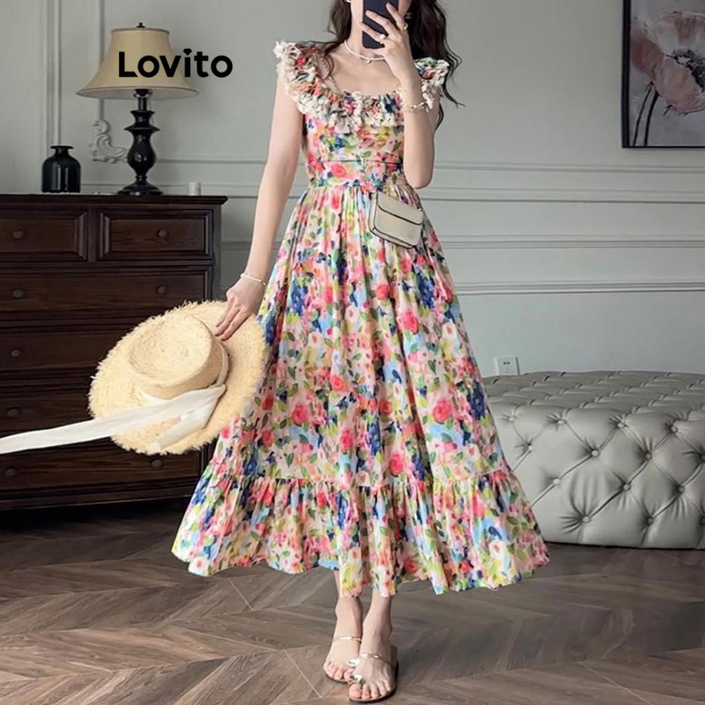 Lovito Vestido Casual Ditsy Floral Franzido Com Babados Para Mulheres LNA53103