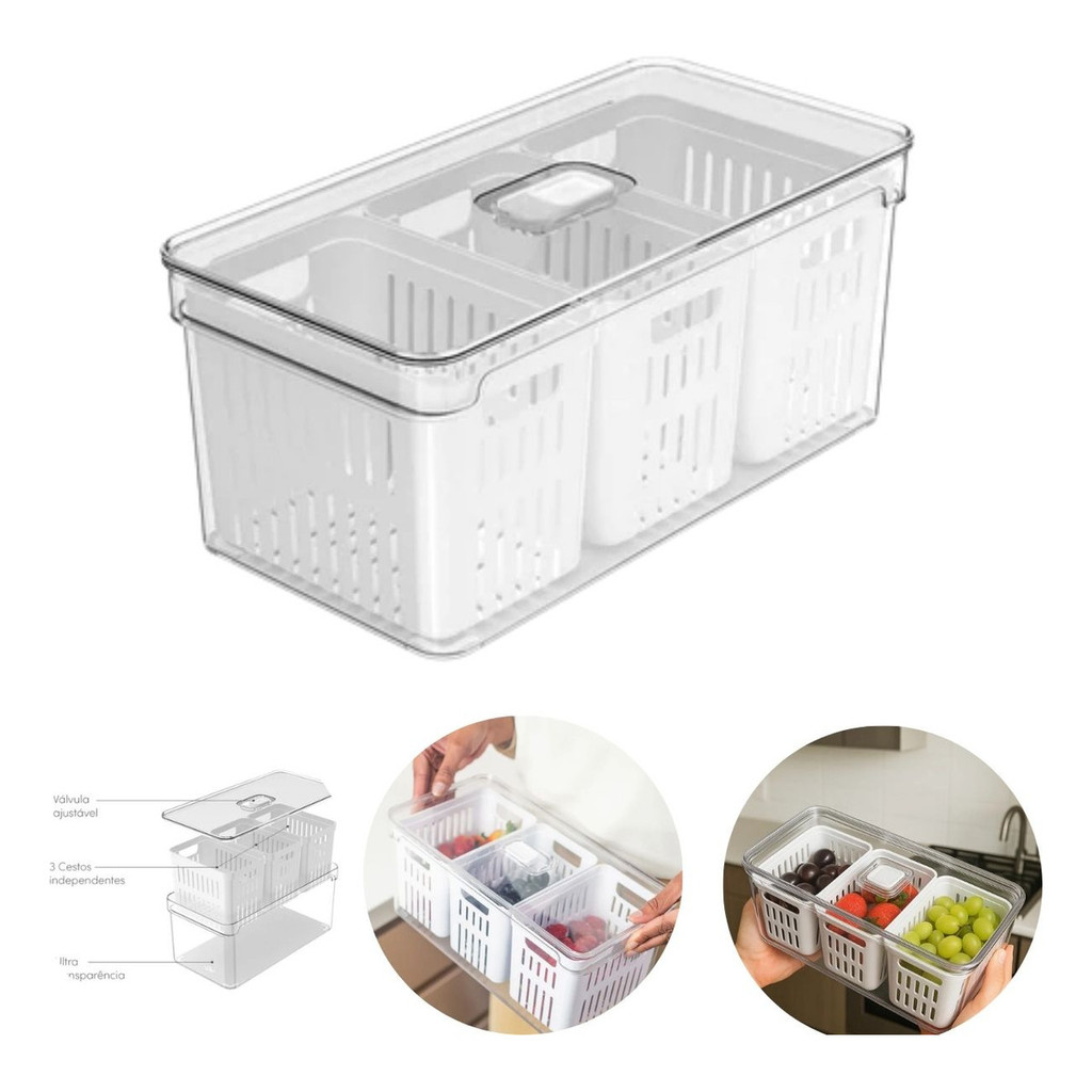 Organizador de Geladeira 5L Acrílico Com 3 Cestos para Alimentos Vegetais Cozinha Natural Ou