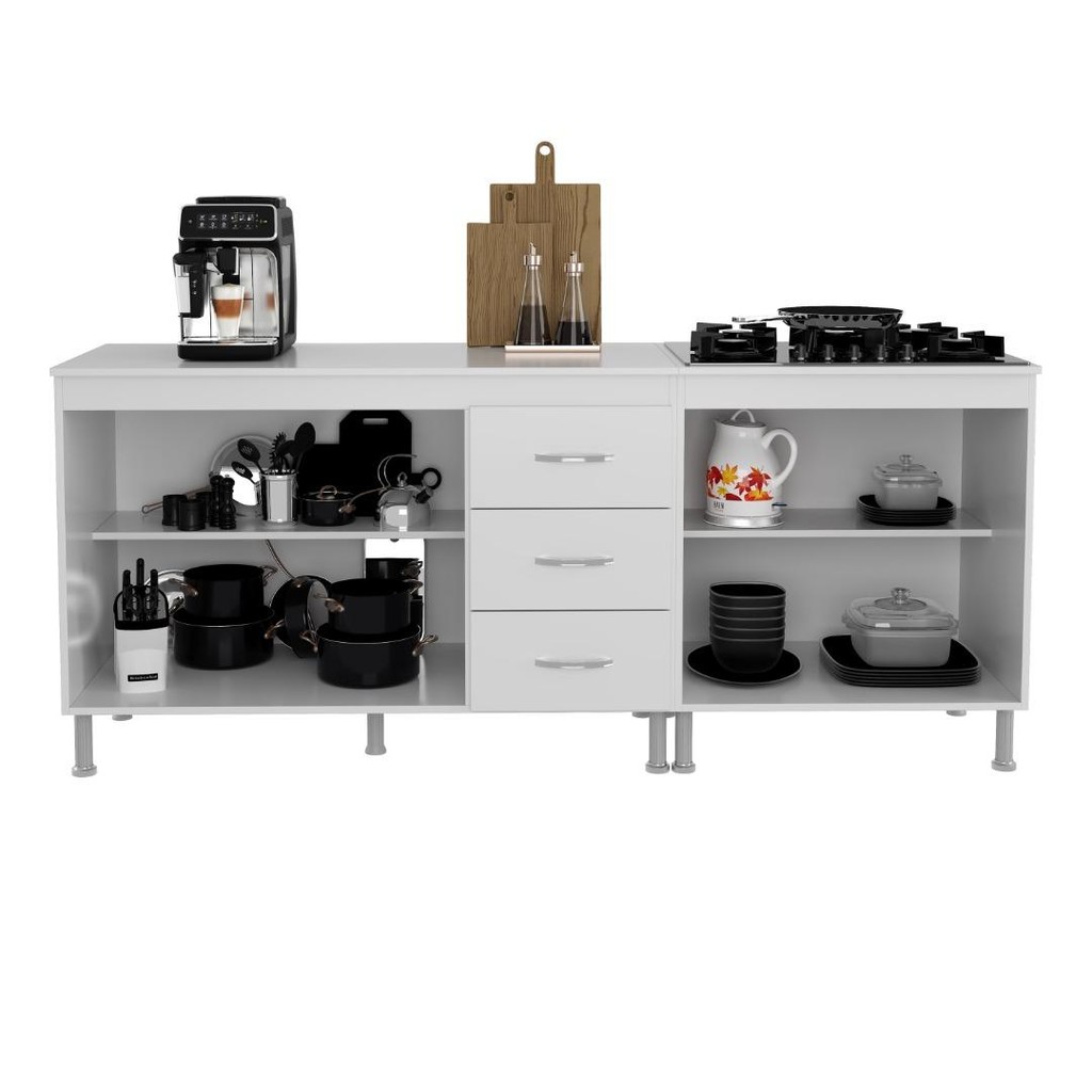 Detalhes do Kit 2 Balcões Modulados Gabinete Pia 120cm e Cooktop 70cm Com Tampo Viena Branco
