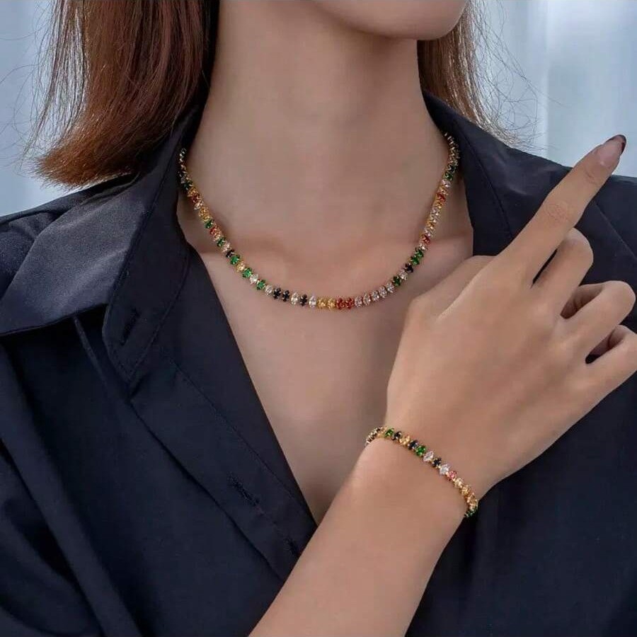 Conjunto Riviera Feminino Colar e Pulseira Multicolor Cristal Zircônia Banhado a Ouro 18K Acessórios Femininos Colar