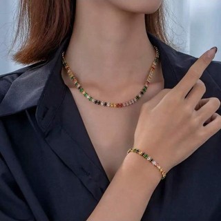 Conjunto Riviera Feminino Colar e Pulseira Multicolor Cristal Zircônia Banhado a Ouro 18K Acessórios Femininos Colar