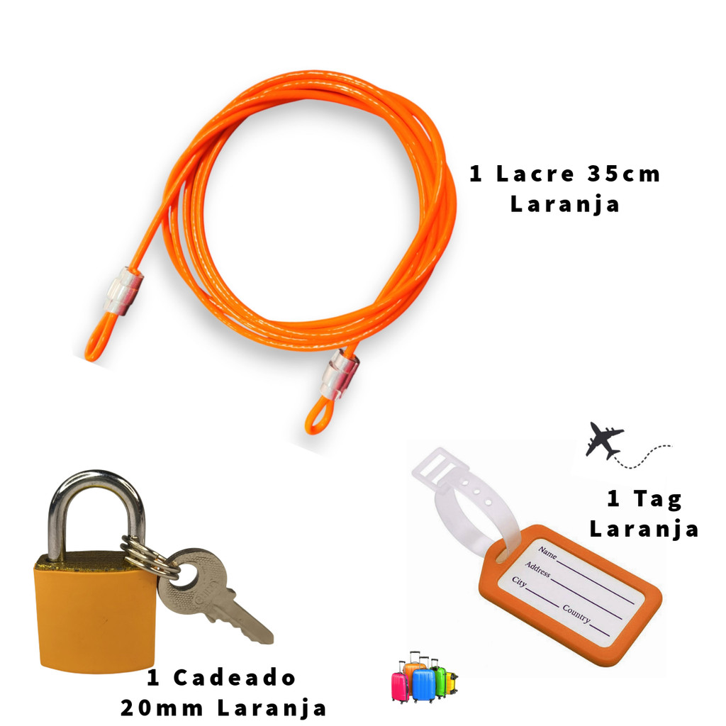 Kit Travel - 1 Lacre Color 35cm + 1 Cadeado Color 20mm + 1 Tag Identificador Bagagem