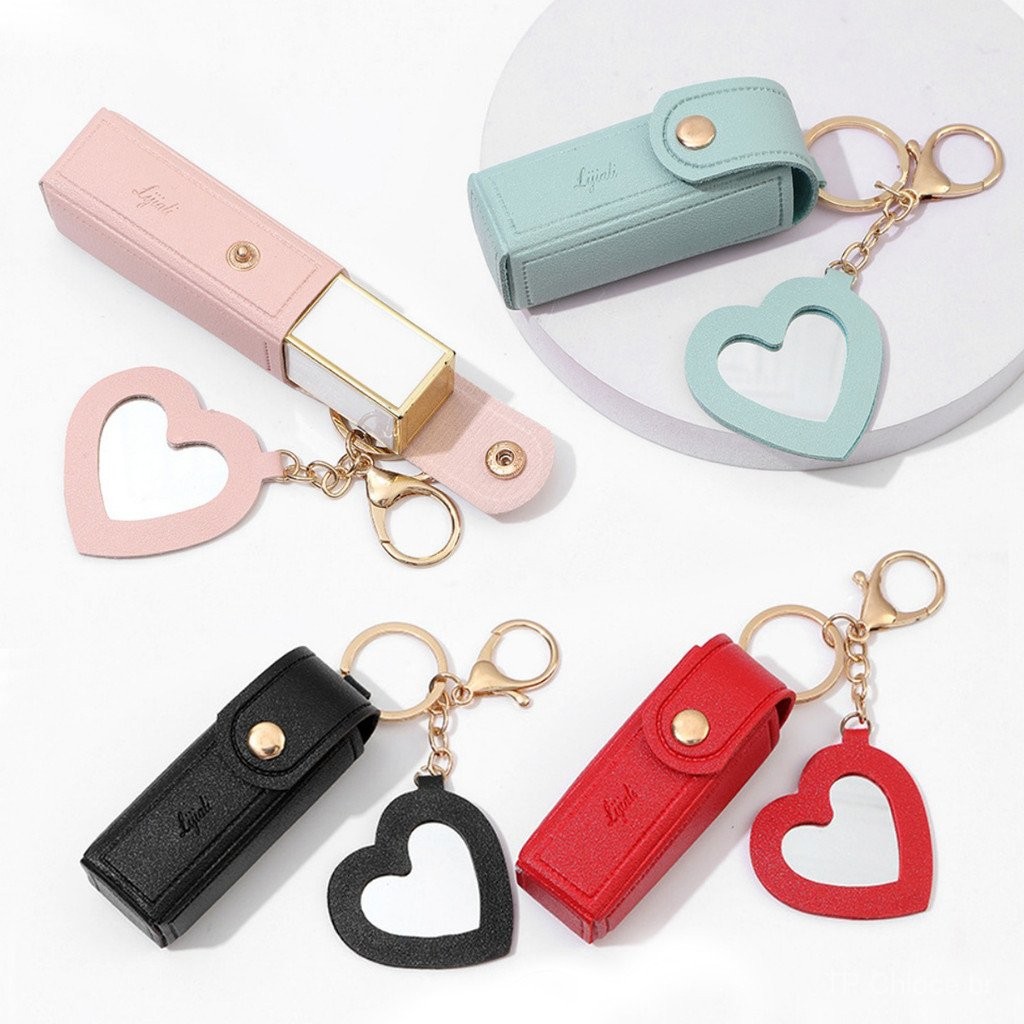 Criativo Couro Do Plutônio Batom Saco Chaveiro Em Forma De Coração Espelho Pingente Feminino Bolsa Ornamento