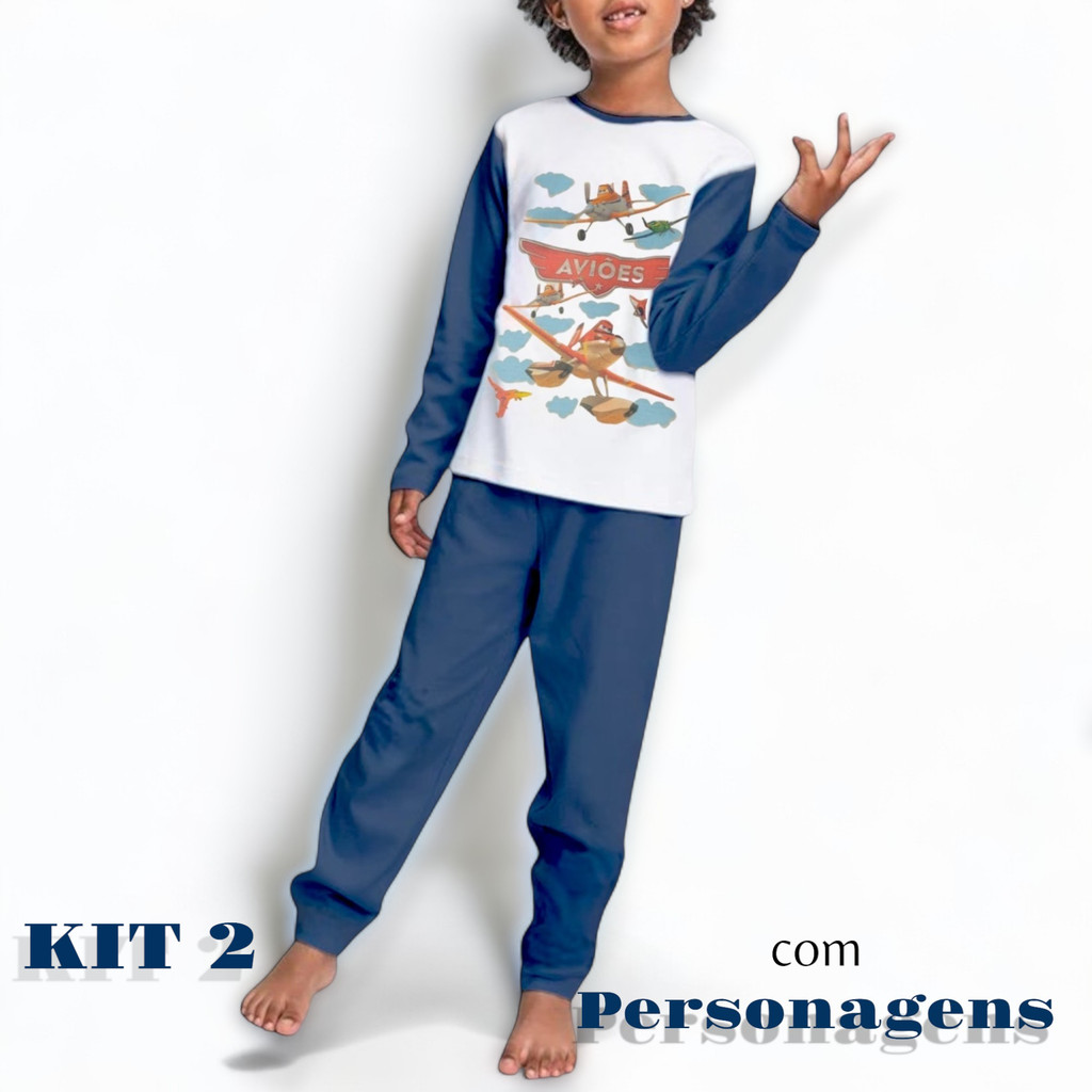 Kit 2 Pijama Masculino Infantil Malha Estampado Estampa Desenhos Longo Inverno Manga Criança Menino