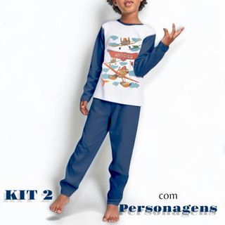 Kit 2 Pijama Masculino Infantil Malha Estampado Estampa Desenhos Longo Inverno Manga Criança Menino