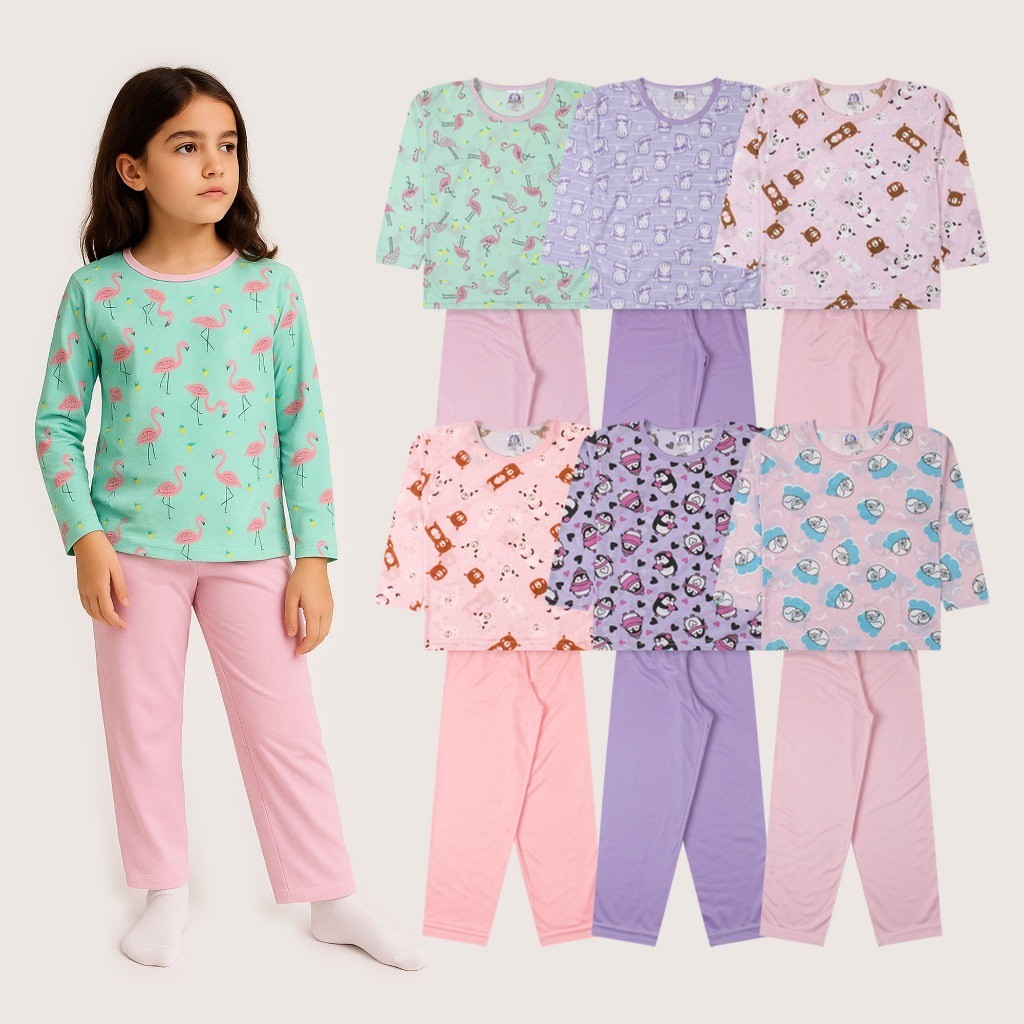 Kit Sortido 2 conjuntos Pijama Estampado Infantil Feminino 2 Blusas + 2 Calças