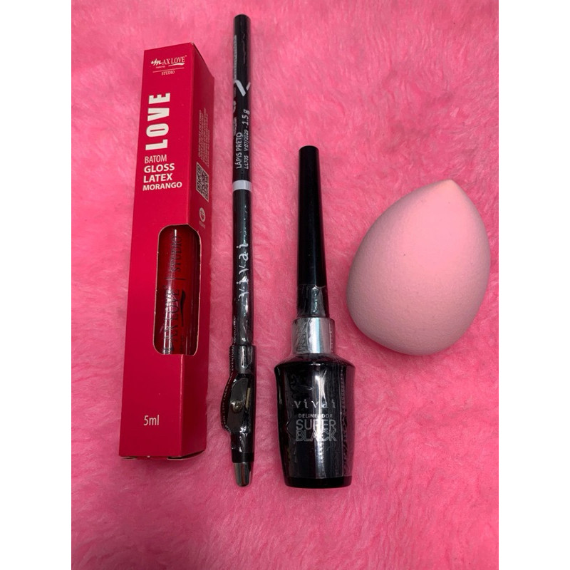 Kit 4 itens - Gloss Morango Max love + Delineador Vivai + Lápis Preto + Esponja Facial | Maquiagem