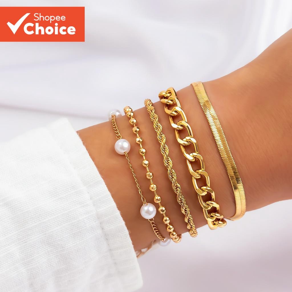 Conjunto De Pulseira De Corrente Em Camadas De 5 Peças Com Pérolas De Imitação , Joias De Pulso Femininas Da Moda , Pres