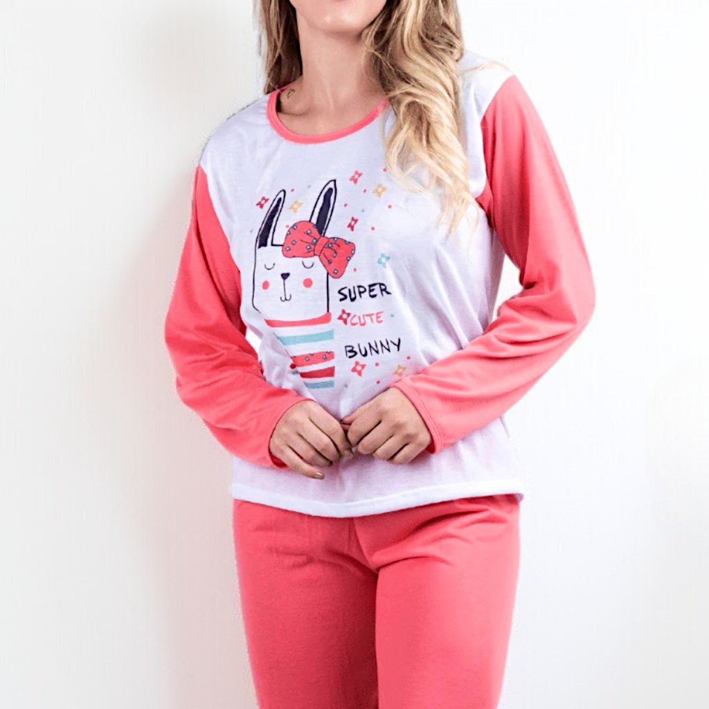 Kit 2 Pijama Feminino Malha Estampado Estampa Adulto Comprido Pijamas Quente Inverno Frio Longo Luxo