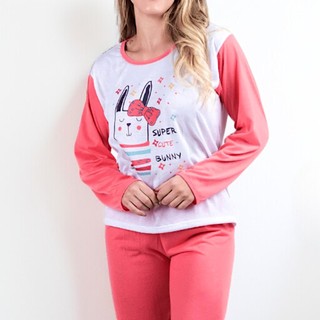 Kit 2 Pijama Feminino Malha Estampado Estampa Adulto Comprido Pijamas Quente Inverno Frio Longo Luxo