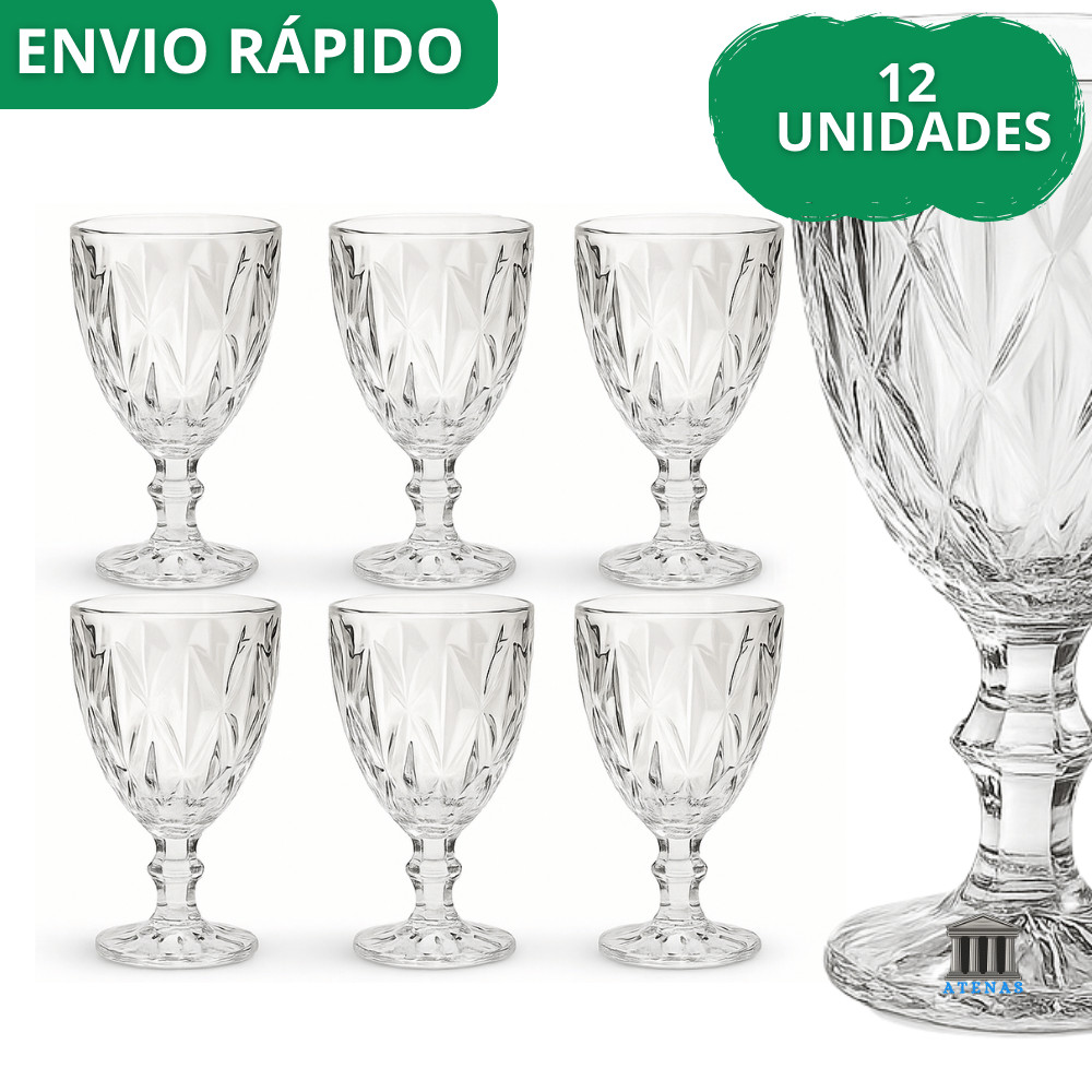 Jogo 12 Taça Diamante Copo Vidro Transparente Bico De Jaca 330ml
