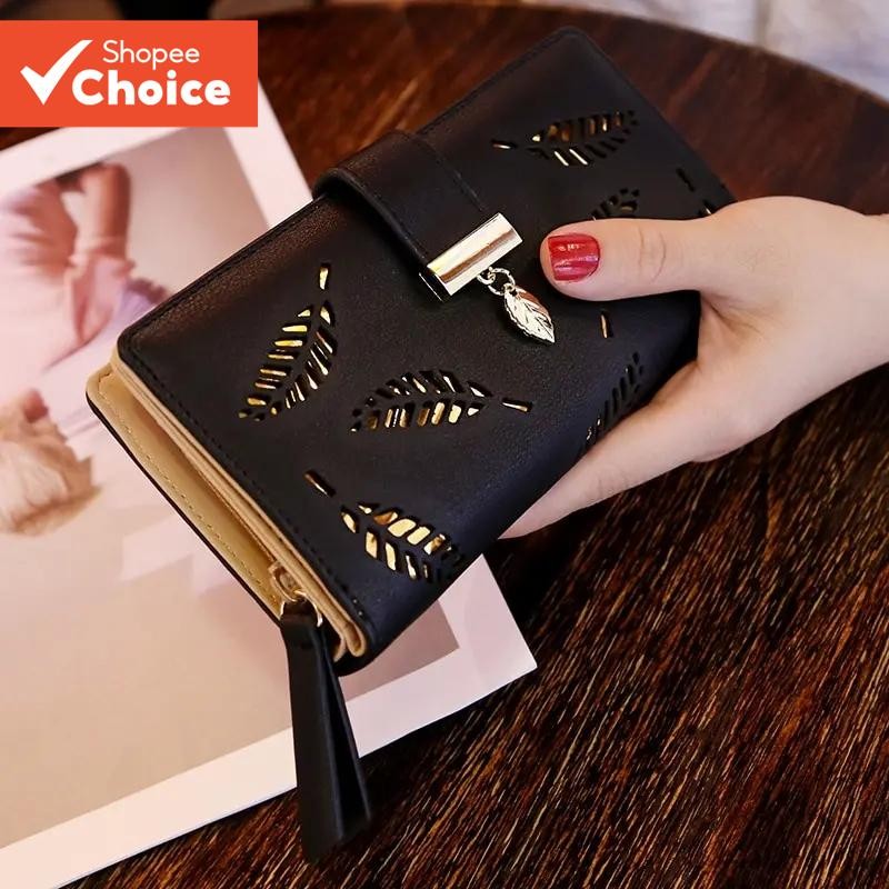 Carteira Feminina Chique De Couro PU – Bolsa Longa Elegante Com Folhas Ocas Douradas Para Moedas E Cartões
