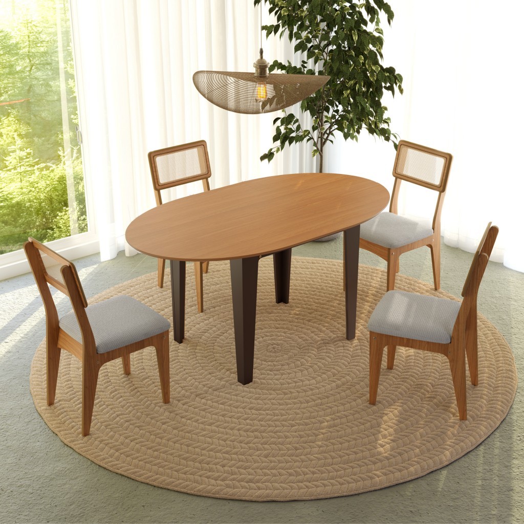 Conjunto Sala de Jantar Mesa Nature Extensível com 4 Cadeiras Tela Sintética Freijó/Preto Fosco/Bege Claro Rústico em Oferta na Shopee