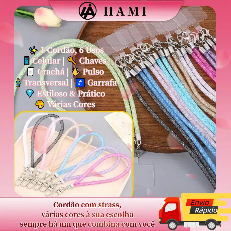 Cordão Multifuncional com Strass para Celular/Pulso/Pescoço/Chaves/Crachá/Acessório de Moda Estiloso