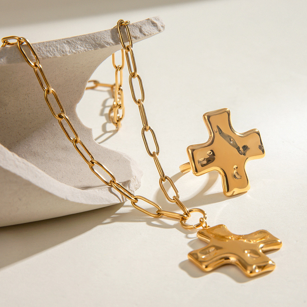 Colar de cruz robusto para mulheres, colar de pingente de cruz em camadas, moderno, em ouro 14K e prata, colar de corren