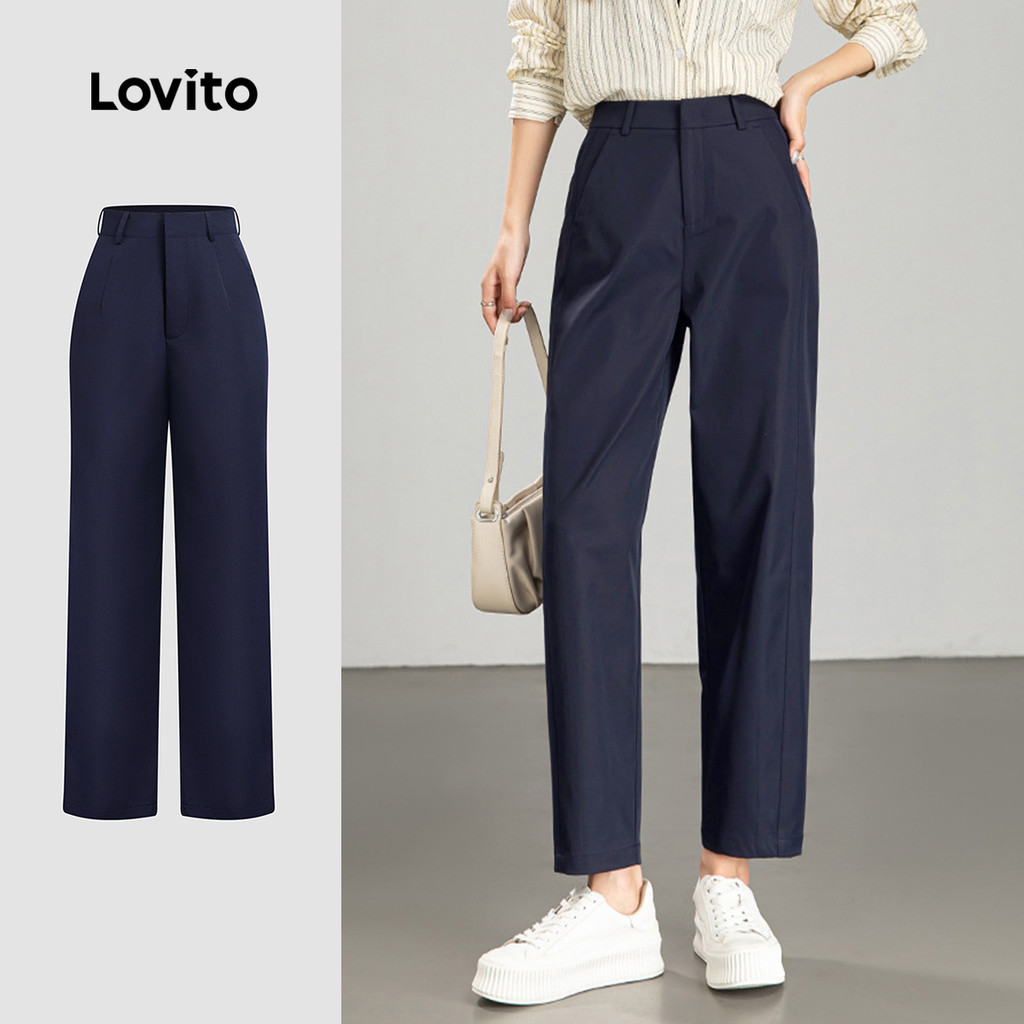 Lovito Calça Casual Lisa Com Zíper E Bolso Para Todas As Estações Azul Marinho Para Mulheres LBL24208 em Oferta na Shopee
