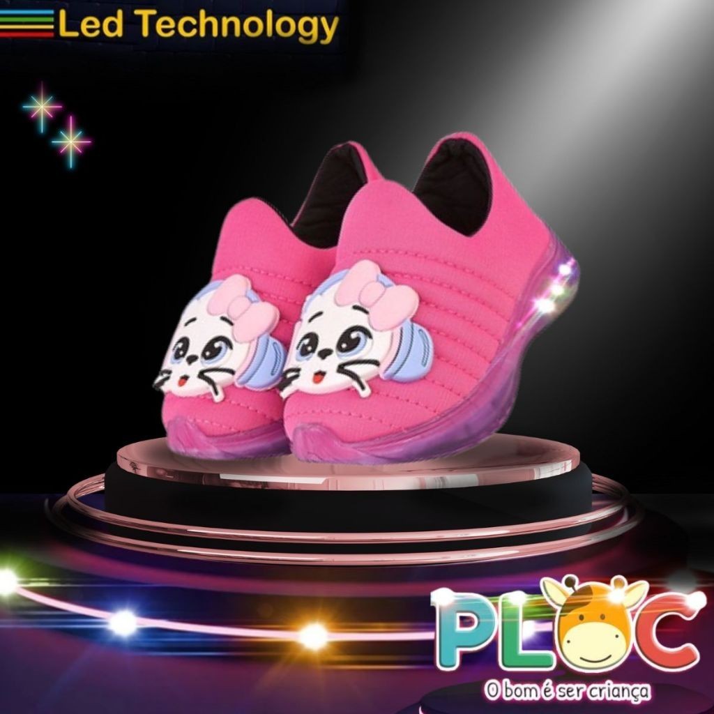 Tênis Led Infantil PLOC LED37 - PINK GATINHA COM FONE Menina Calce Fácil Confortável Anatômico