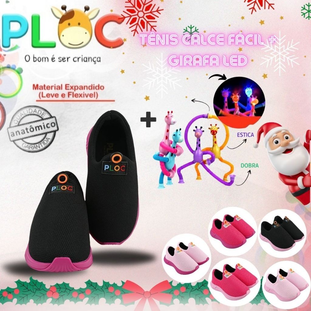 Kit Divertido Ploc - Tênis Calce Fácil Anatômico+ Girafa Ploc LED Estica e Puxa