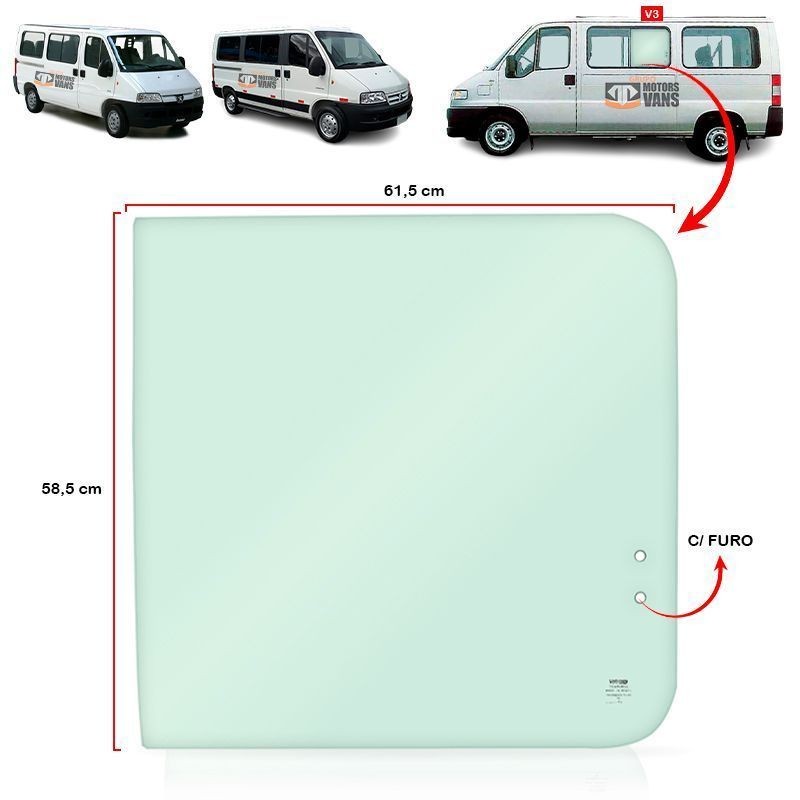 VIDRO LATERAL DUCATO BOXER JUMPER TETO BAIXO 1997 A 2005 LADO ESQUERDO CURVO COM FURO V3