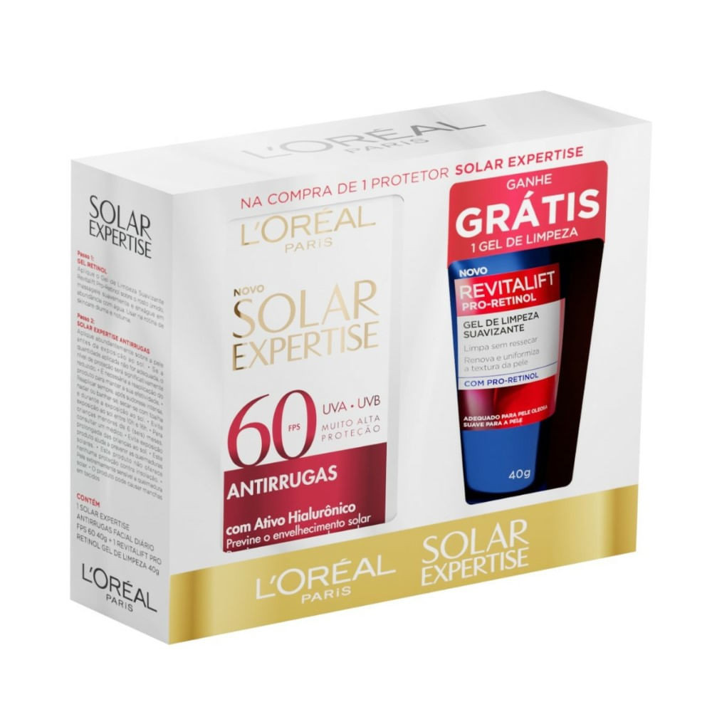 Kit L'Oréal Protetor Solar Expertise Antirrugas FPS60 40g + Gel De Limpeza Revitalift Pro-Retinol 40
