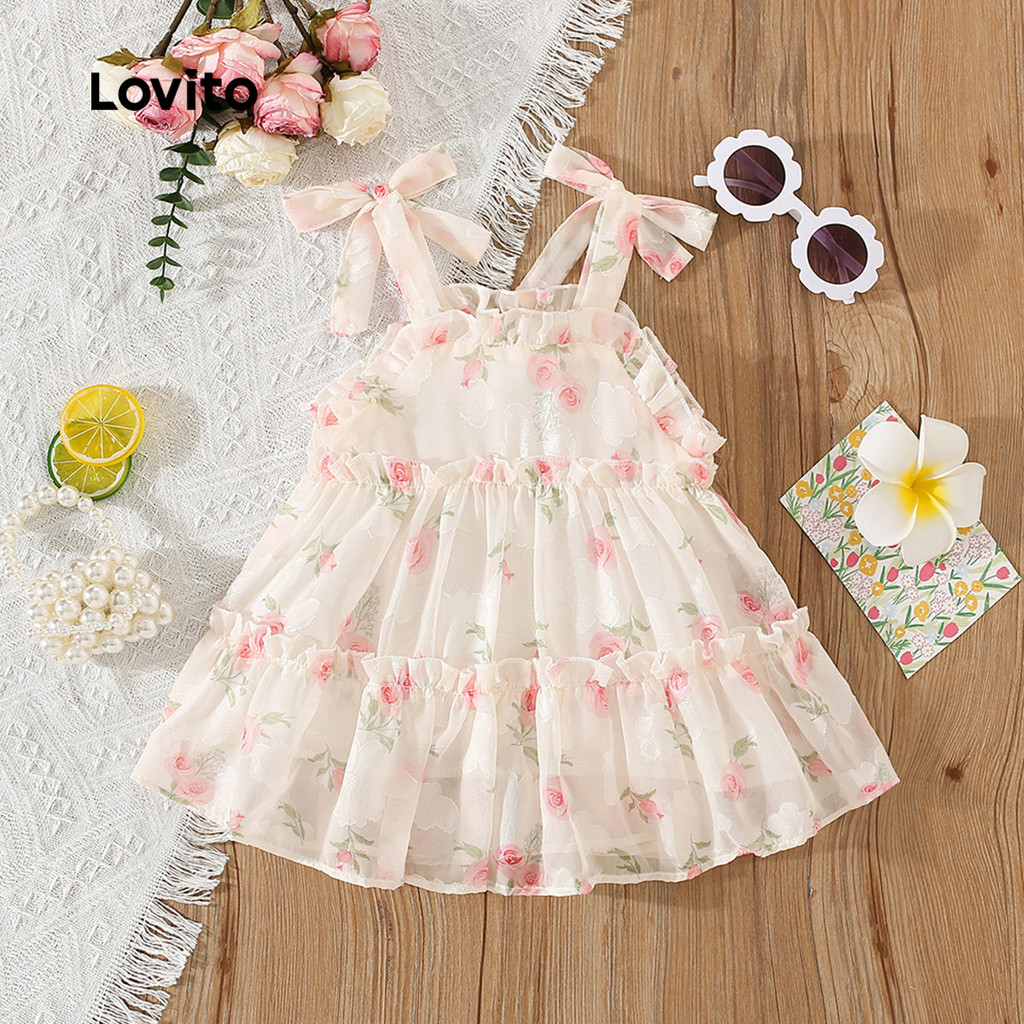 Lovito Vestido Fofo Ditsy Floral Com Babados E Bainha Branca Para Bebê LCS099059 em Oferta na Shopee