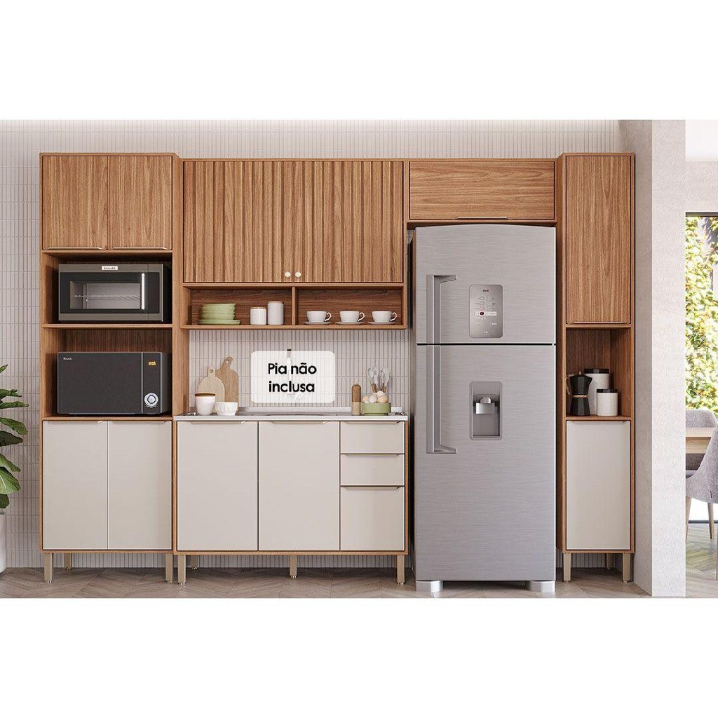 Kit de Cozinha Completa 5 Peças Divina (2Aéreos+1Balcão+1Paneleiro+1TorreQuente) C5P185 Freijo/Off White - MGM em Oferta na Shopee