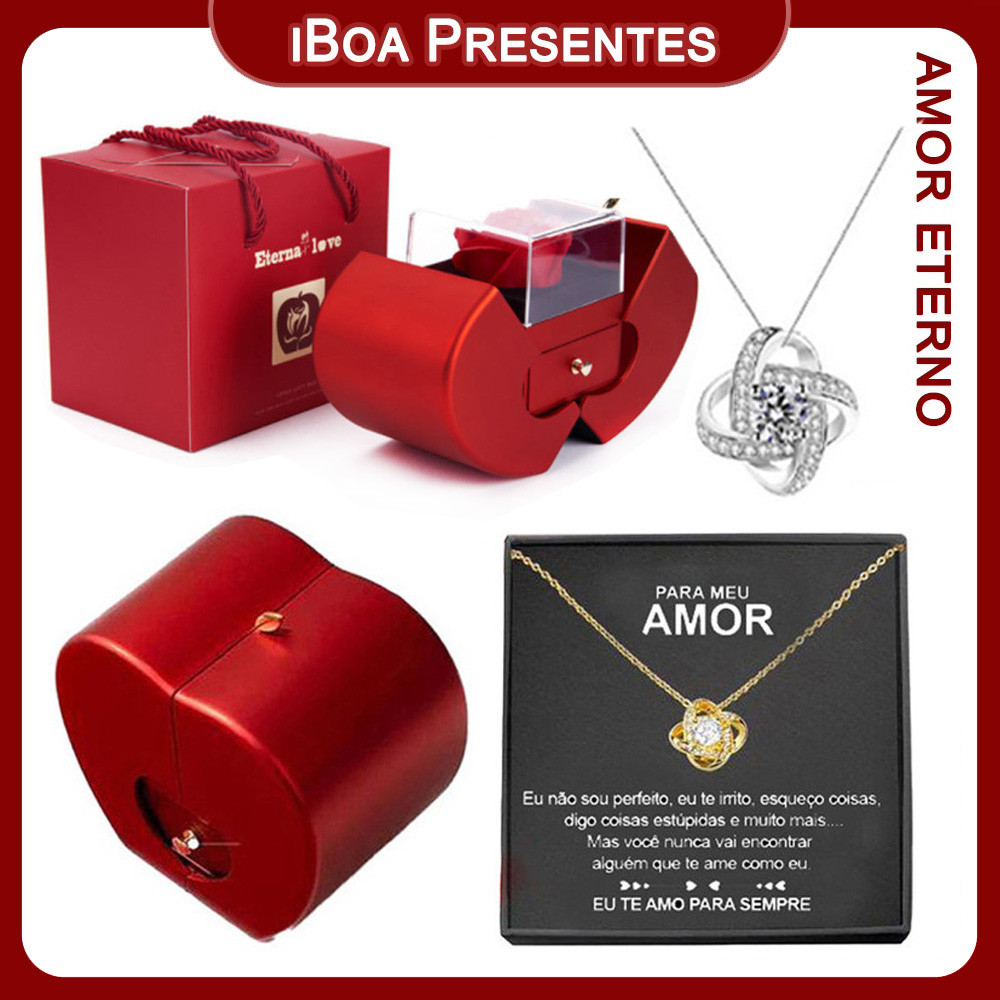 Colar Ouro E Prata Incrustado Com Diamantes Caixinha Presente Colar Prata Com Rosa Real Flor Preservada Alta Qualidade em Oferta na Shopee