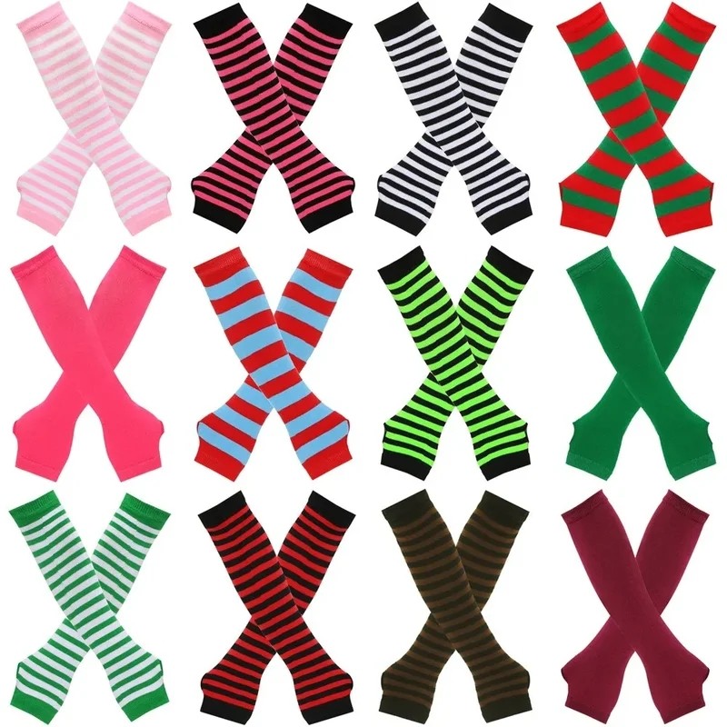 Luvas Femininas Longas até o Cotovelo em Malha Listrada - Quentes (1 Par)