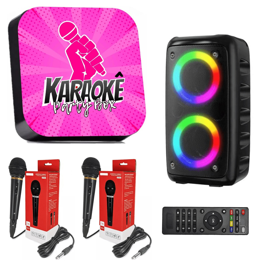 Karaokê Party Box Rosa Profissional + 2 Microfones + Caixa de Som +De 2000 Musicas Jukebox ORIGINAL