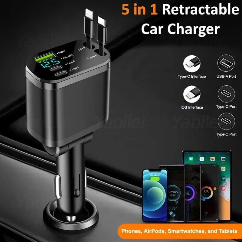 Elough 5 Em 1 USB R Carregador De Carro Retrátil Para Cabo Relâmpago 2 Tipo C Porta Transportadora iPhone Adaptador De T
