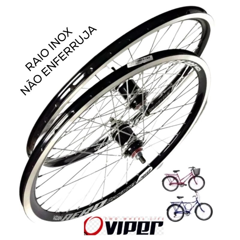 Par de Roda Aro Aero 26x1.1/2x2 Poti/Monark/Tropical/Barra Circular Raio Inox Rolamentado