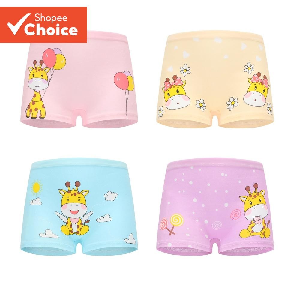 Pacote Com 4 Roupas Íntimas De Algodão Macio Para Bebês Meninas | Cuecas Boxer Girafa Fofas De Desenho Animado Idades De