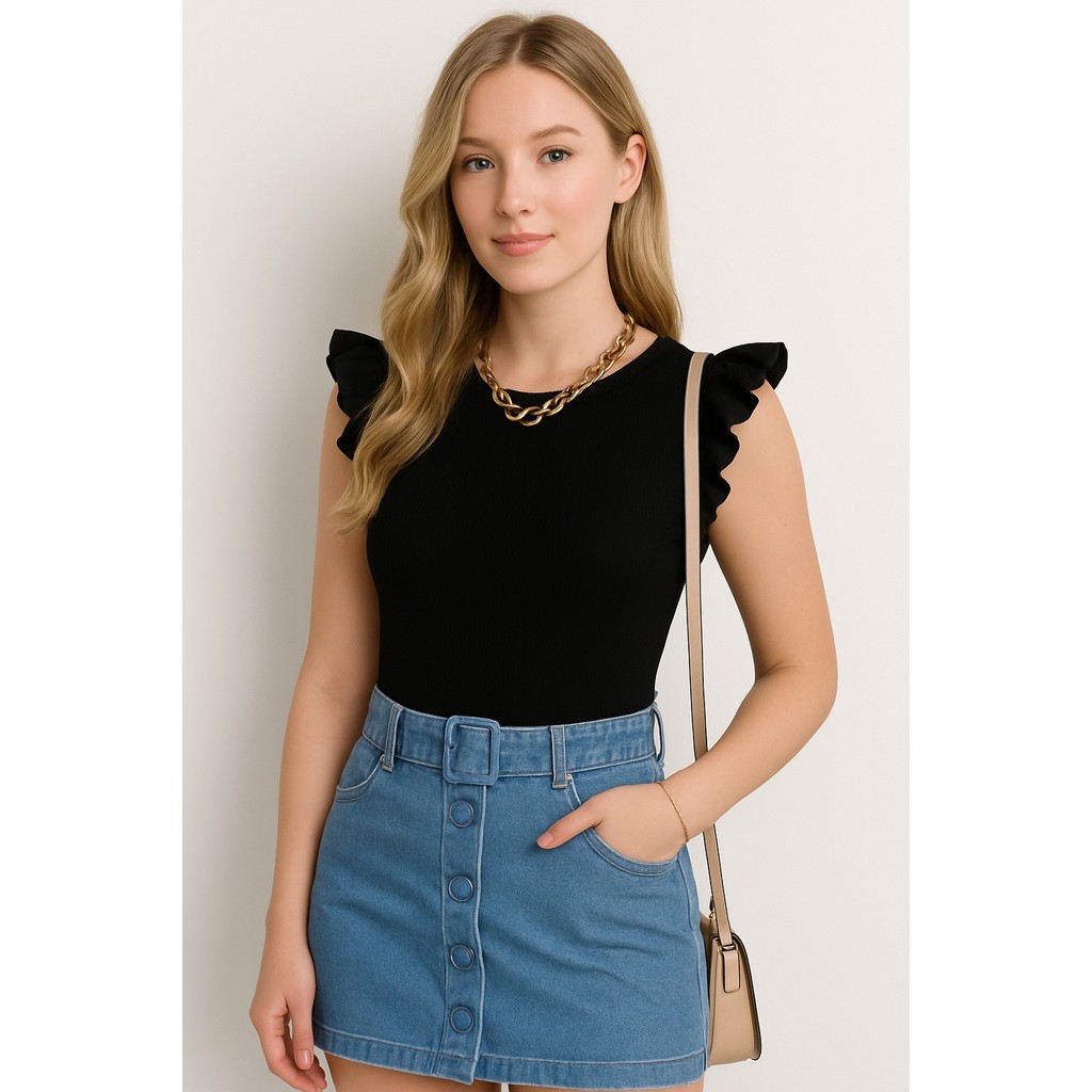 blusa feminina moda canelada manga babado tendência