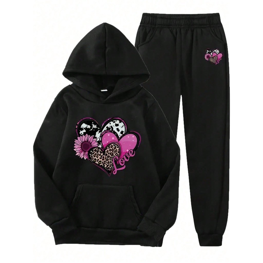 Conjunto Moletom Infantil Blusa e Calça De Frio Casual Roupa de 2pçs para Meninas Estampa De Coraçao