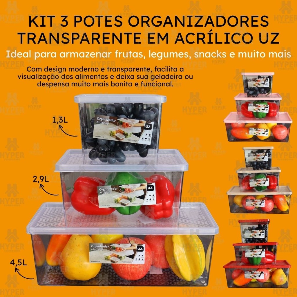Kit 3 Potes Organizador Multiuso para Alimentos de Geladeira UZ Acrílico Transparente C/Tampa 1,2L/2,9L/4,5L