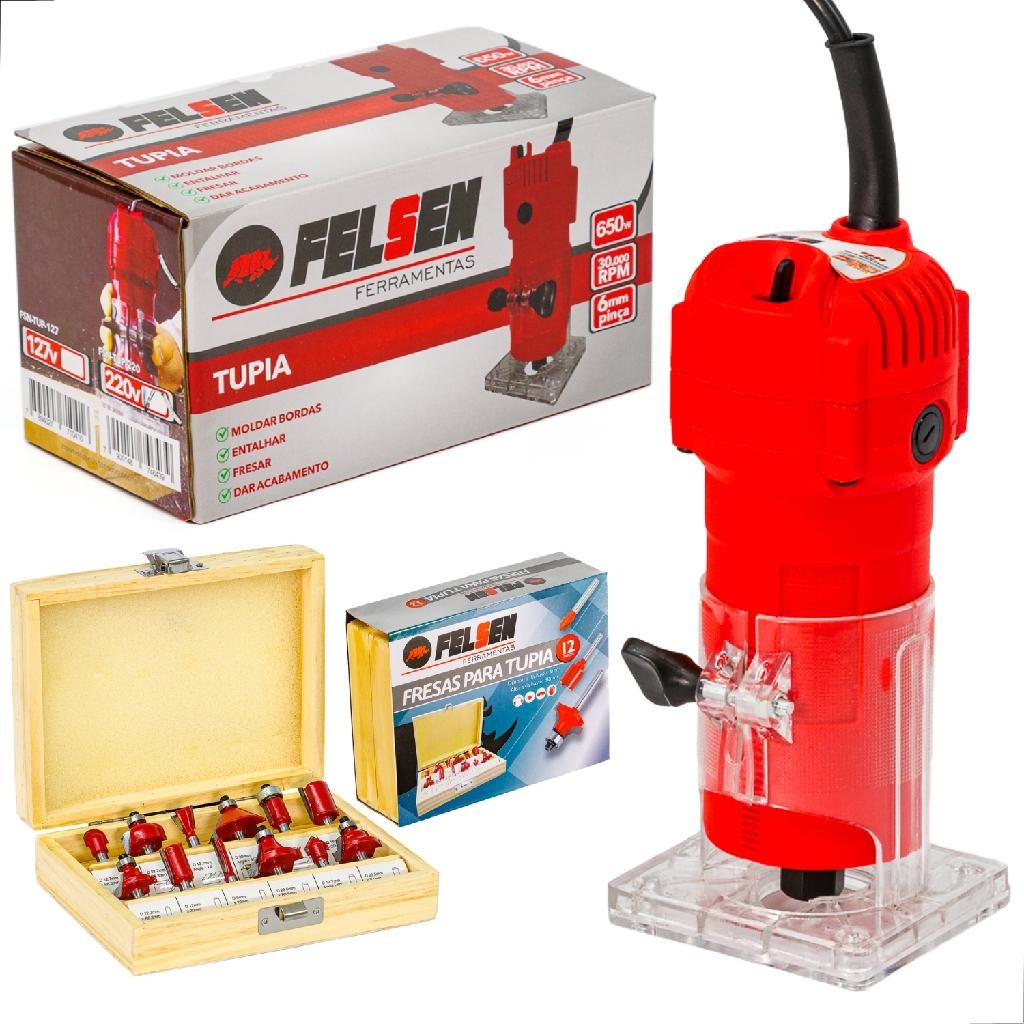 Tupia Manual Elétrica Pinça 6mm 650W Felsen + Kit 12 Fresas