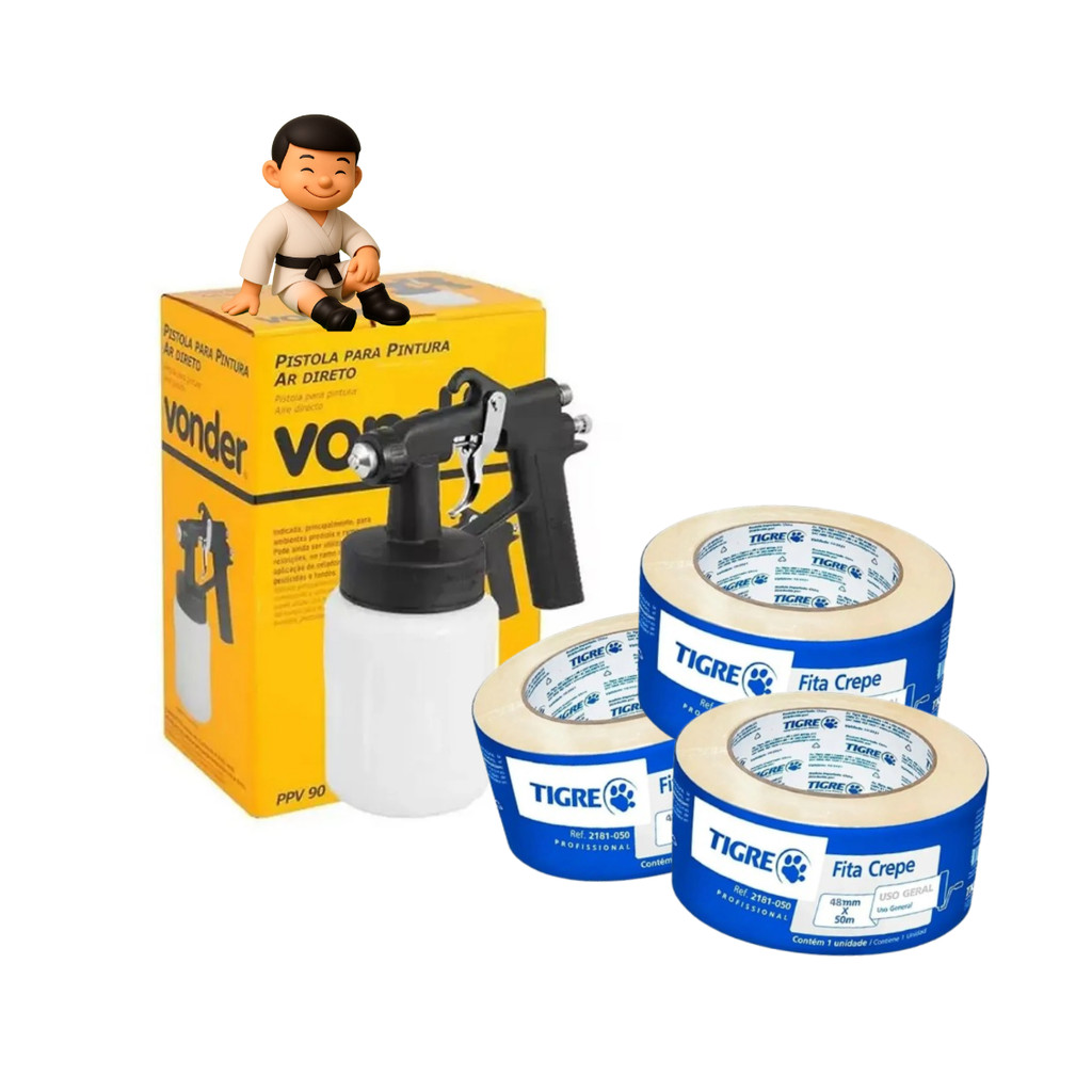KIT COM VONDER PISTOLA PINTURA AR DIRETO MOD PPV 90 CANECA PLASTICA + 3 TIGRE FITA CREPE LARGA 48X50