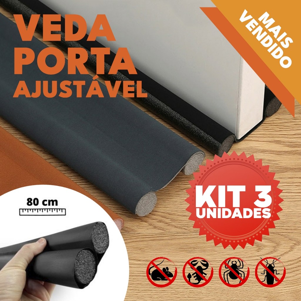 Kit 3 Veda Porta Proteção Ajustável Protetor de Porta Rolinho Duplo 80cm Comprimento
