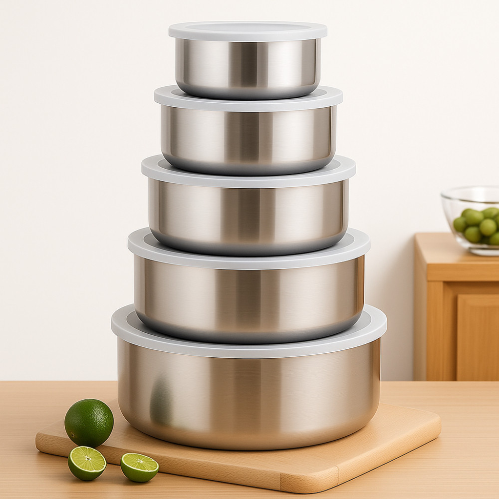 Conjunto Jogo 5 Potes Tigelas em Inox Alumínio Com Tampa Redondo