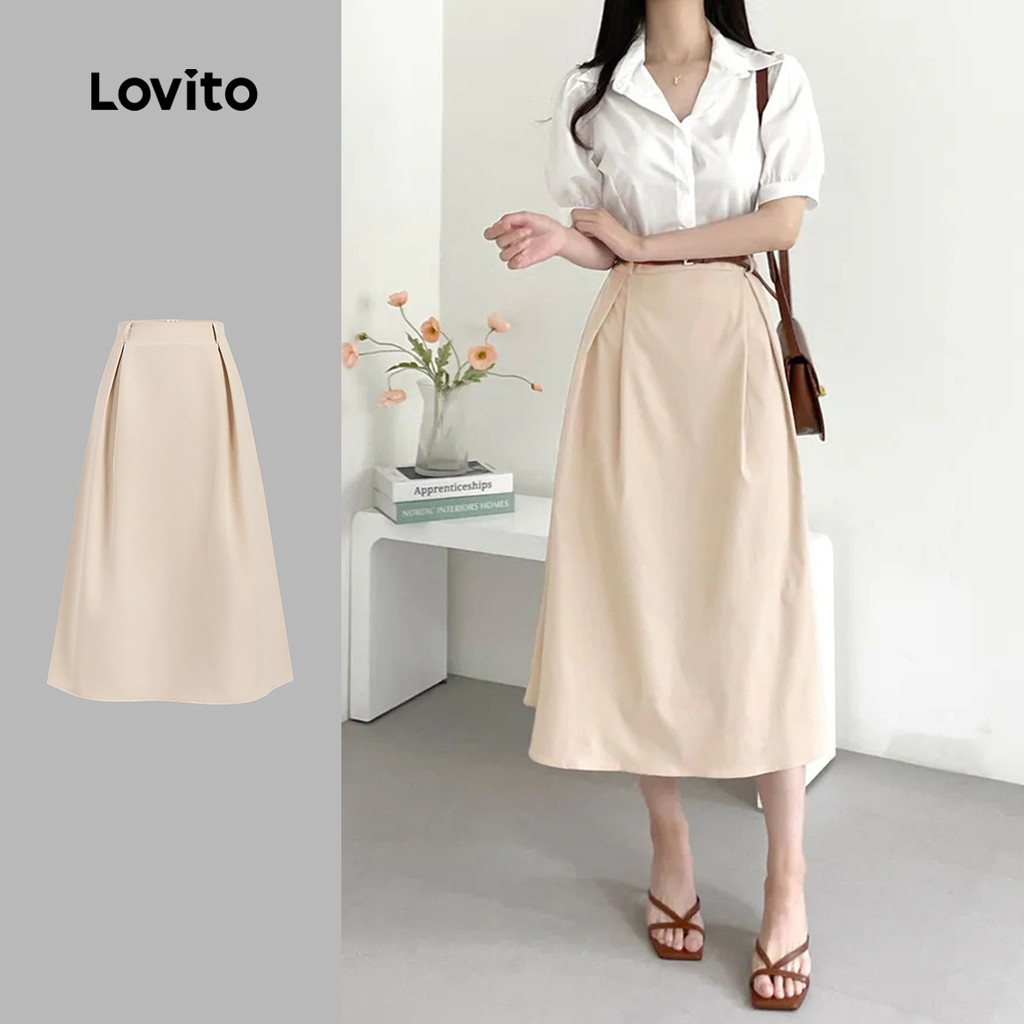 Lovito Saias Cáqui Leves Casuais Plissadas Verão Primavera Para Mulheres LBL25247 - Women Clothes